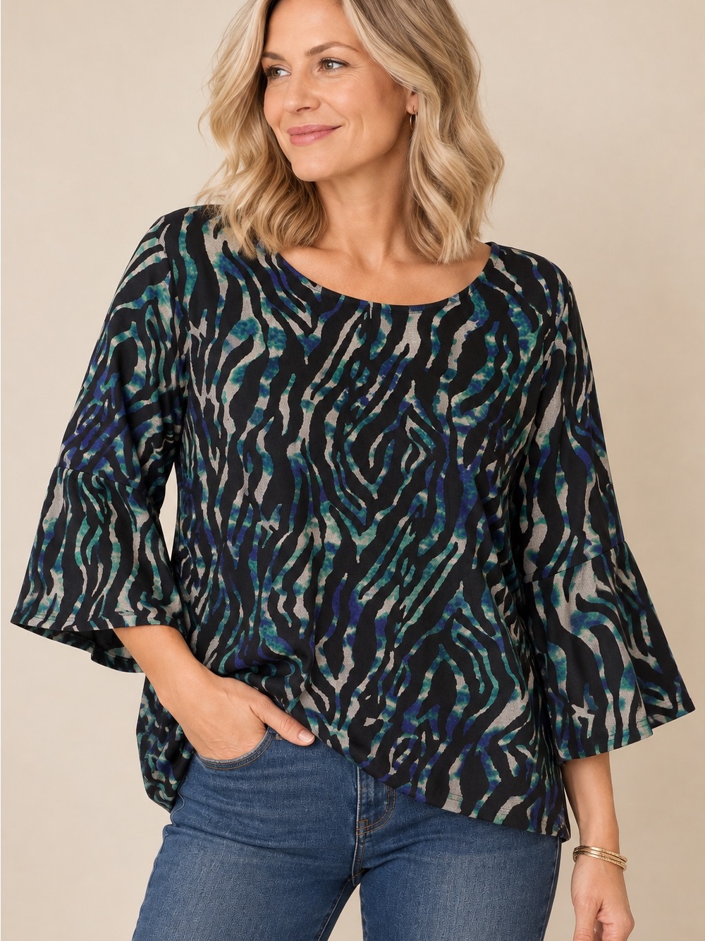 Orientique Naturally Australian Abstract Animal Print Bell Sleeve Top Size Small